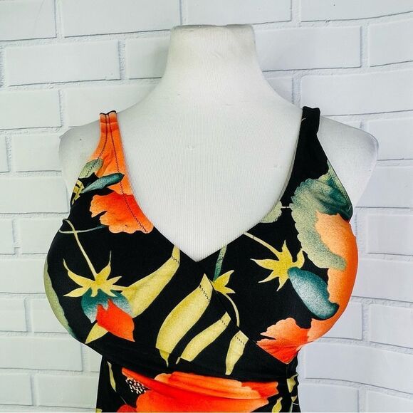 Vintage Gottex Black & Orange Tropical Floral One Piece Swimsuit - Size 12 - Picture 2 of 9